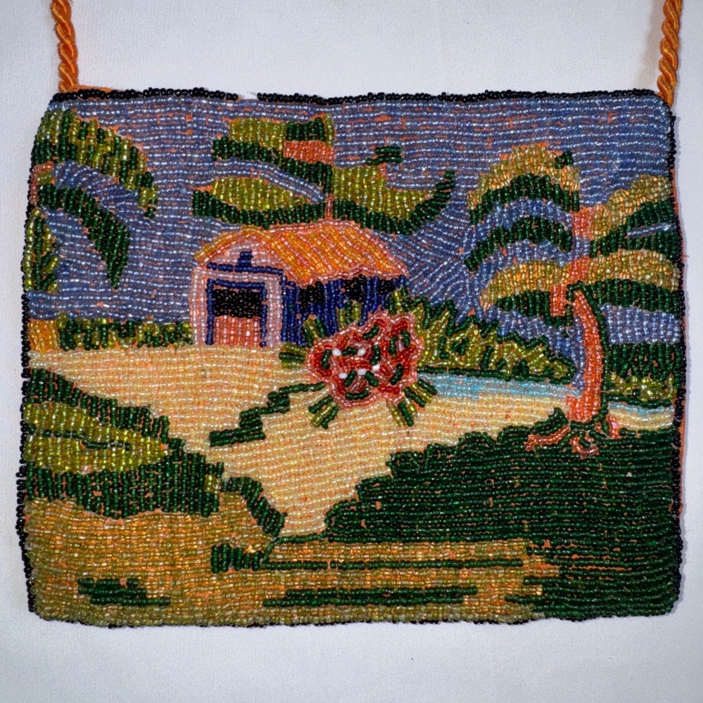Vintage Tropical Beaded Crossbody Bag Orange Palm Tree Beach Scene Small Purse